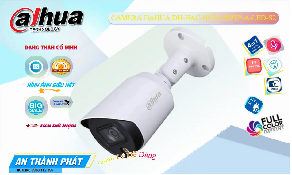 DH-HAC-HFW1509TP-A-LED-S2  Camera Ngoài Trời 5MP