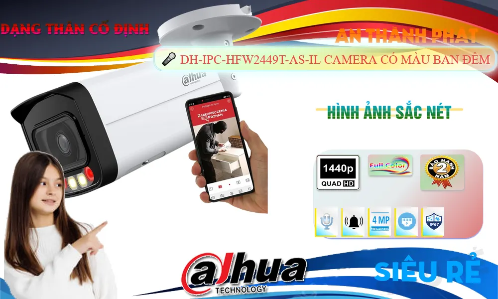 Camera IP PoE 4MP Full Color DH-IPC-HFW2449T-AS-IL  Dahua