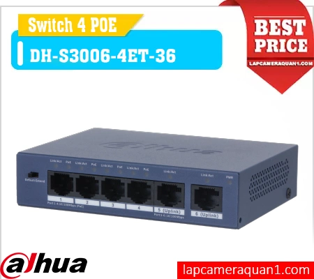 Switch PoE Dahua DH-S3006-4ET-36, Bộ chia mạng DH-S3006-4ET-36, Switch Dahua 4 cổng PoE DH-S3006-4ET-36, Thiết bị chuyển mạch DH-S3006-4ET-36, Switch cấp nguồn camera DH-S3006-4ET-36, Switch PoE camera IP DH-S3006-4ET-36, Switch mạng DH-S3006-4ET-36