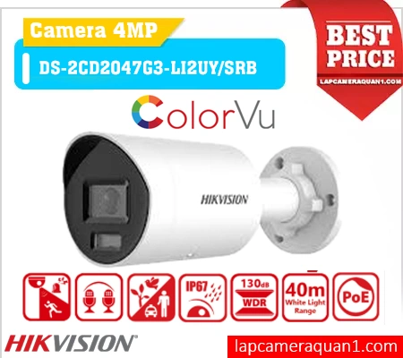 Camera DS-2CD2047G3-LI2UY/SRB ColorVu Hikvision, Hikvision DS-2CD2047G3-LI2UY/SRB AI 4MP, Camera Hikvision DS-2CD2047G3-LI2UY/SRB 24/7, DS-2CD2047G3-LI2UY/SRB đèn kép hồng ngoại, Camera IP DS-2CD2047G3-LI2UY/SRB chống nước IP67, DS-2CD2047G3-LI2UY/SRB nhận diện AI thông minh, Camera DS-2CD2047G3-LI2UY/SRB đàm thoại cảnh báo.