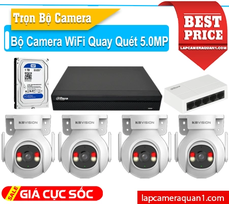 Lắp đặt camera Trọn Bộ 4 Camera KBVision Wifi Quay Quét 5MP