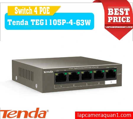 Tenda TEF1105P-4-63W PoE Switch, Bộ chia mạng Tenda TEF1105P-4-63W, Switch cấp nguồn TEF1105P-4-63W, TEF1105P-4-63W cho camera IP, Thiết bị mạng TEF1105P-4-63W Tenda, Tenda TEF1105P-4-63W cấp nguồn 58W, Switch mạng Tenda TEF1105P-4-63W, switch chính hãng, Switch giá rẻ