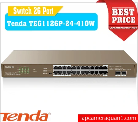 Switch PoE TEG1126P-24-410W, Bộ chia mạng TEG1126P-24-410W, Switch 24 cổng TEG1126P-24-410W, Bộ chuyển PoE TEG1126P-24-410W, TEG1126P-24-410W chống sét, Switch camera TEG1126P-24-410W, Tenda TEG1126P-24-410W chuyên dụng giám sát, Switch giá rẻ , switch chính hãng, 

