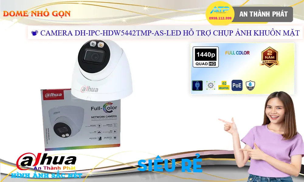 Camera IP Ghi Âm Full Color 4MP DH-IPC-HDW5442TMP-AS-LED