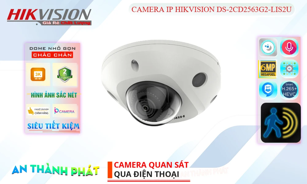 DS-2CD2563G2-LIS2U Camera Cấp Nguồ Qua Dây Mạng được Thiết kế Cảm biến chuyển động chống trộm Hikvision CAMERA IP HIKVISION DS-2CD2563G2-LIS2U 6MP