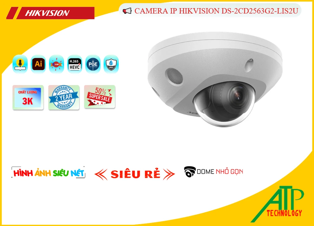 DS-2CD2563G2-LIS2U Camera Cấp Nguồ Qua Dây Mạng được Thiết kế Cảm biến chuyển động chống trộm Hikvision CAMERA IP HIKVISION DS-2CD2563G2-LIS2U 6MP