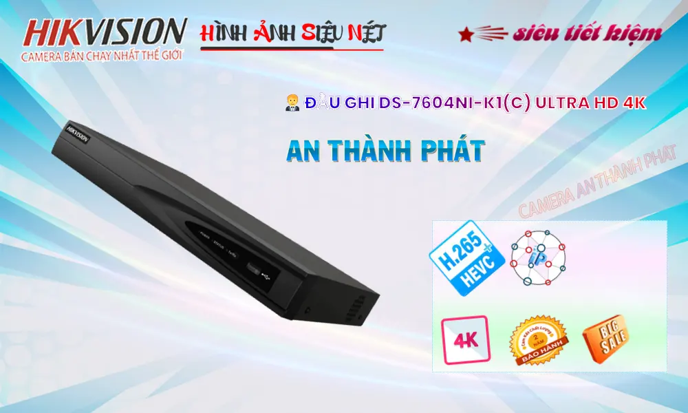 Đầu Ghi Camera  DS-7604NI-K1 (C) với Trang bị giám sát sắt nét đến Siêu Sắt Nét Ultra 4k với 8MP Chất Lượng hình ảnh ban đêm 1 HDD với ưu điểm Thu Âm trang bị xem ban đêm thông minh Đầu ra HDMI Băng Thông 80 Mbps lưu trữ lâu hơn H.265+/H.265/H.264+/H.264 công nghệ chính Hãng IP hình trung thực trung tâm ghi hình Thiết kế dạng box tinh tế Đầu Ghi 4 kênh Đầu ra HDMI Đầu ra HDMI