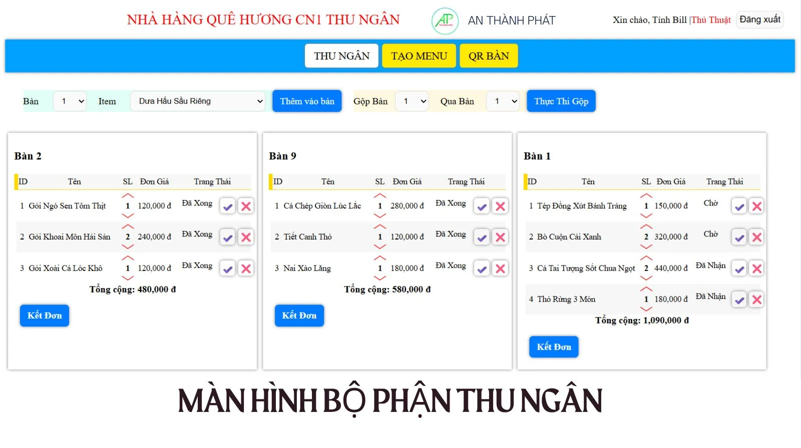 màn hình thao tác bộ phận thu ngân