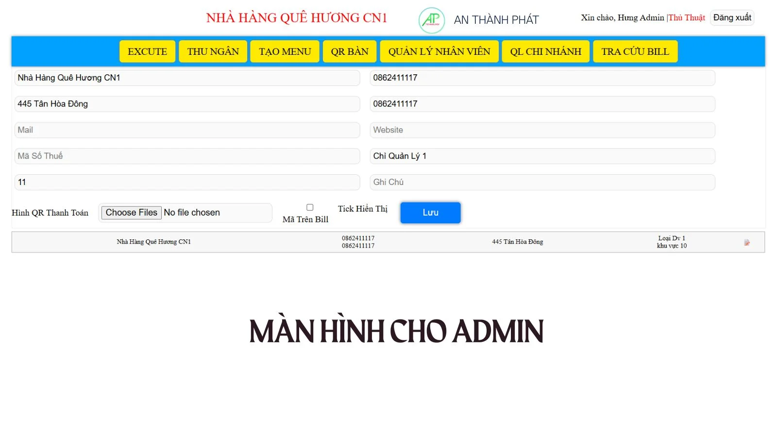 màn hình thao tác admin